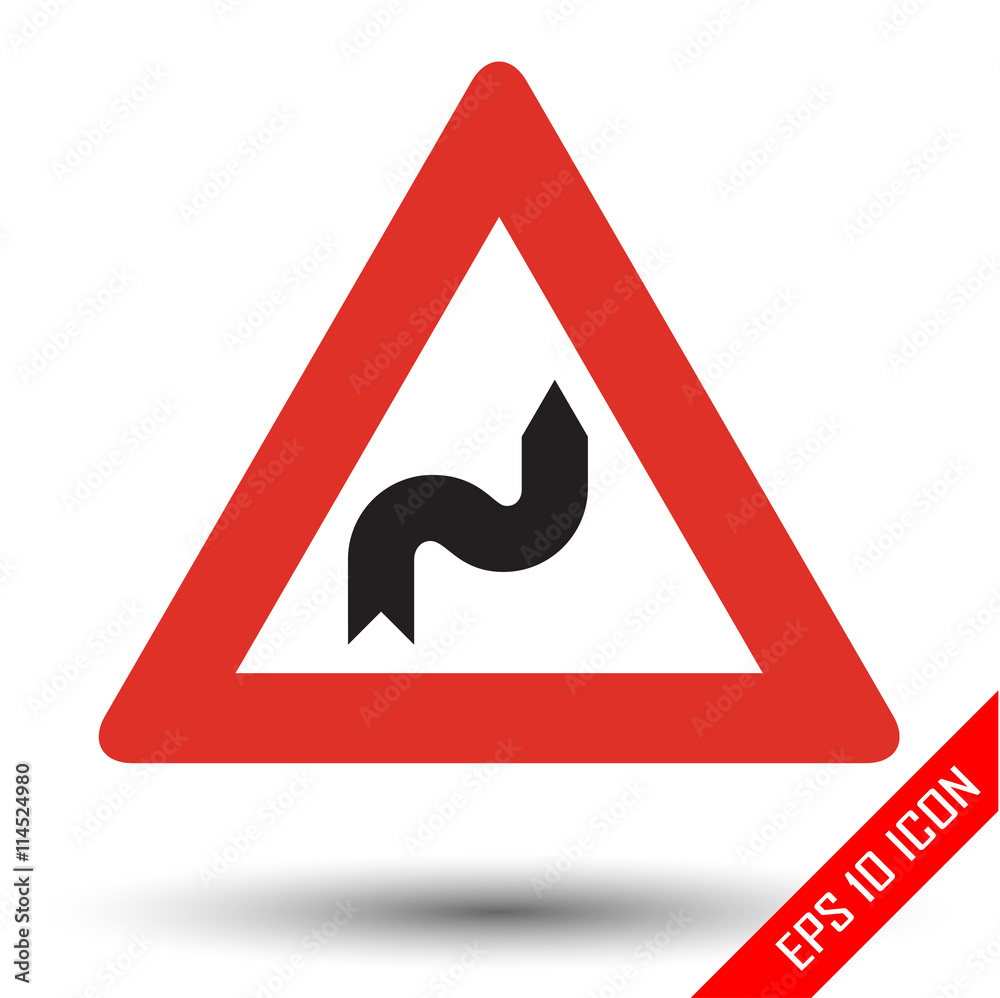 Double curve icon. Right double bend road sign. Vector illustration of triangular sign for double curve traffic sign isolated on white background. Double curve icon. Right double bend road sign. Vector illustration of triangular sign for double curve traffic sign isolated on white background.