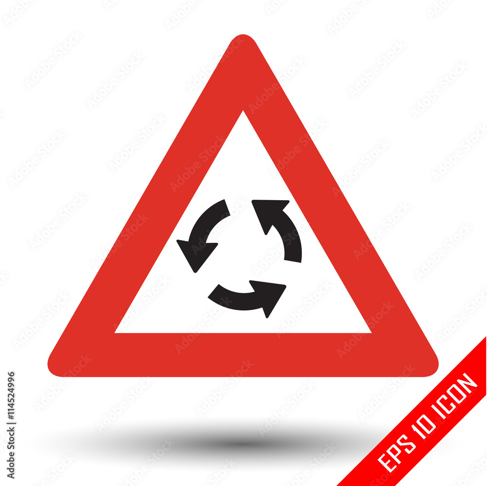 Circular intersection icon. Circular intersection warning road sign. Vector illustration of triangular sign for roundabout traffic sign isolated on white background. Circular intersection icon. Circular intersection warning road sign. Vector illustration of triangular sign for roundabout traffic sign isolated on white background.