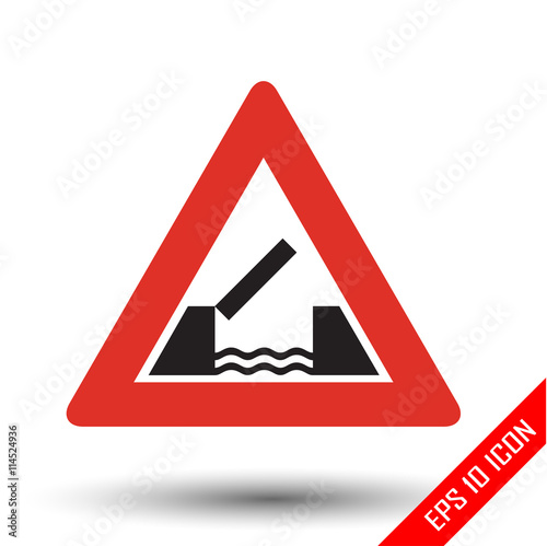 Opening bridge icon. Opening or swing bridge ahead road sign. Vector illustration of triangular traffic sign for opening bridge isolated on white background.