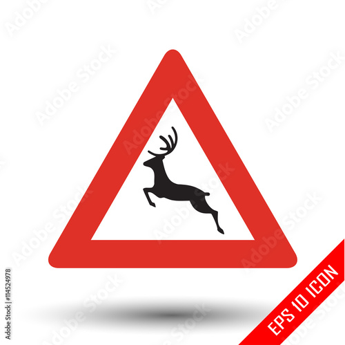 Deer icon. Wild animals road sign. Vector illustration of triangular sign for wild animals traffic sign isolated on white background.