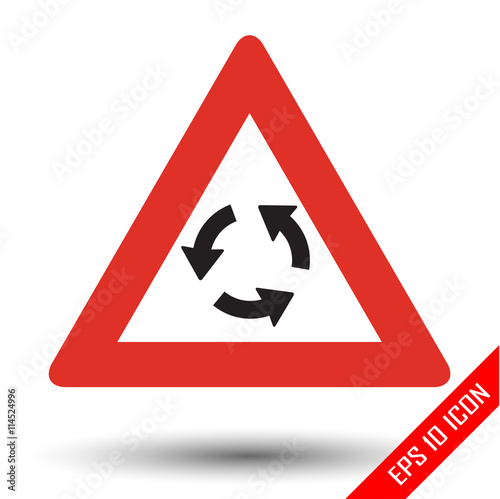 Circular intersection icon. Circular intersection warning road sign. Vector illustration of triangular sign for roundabout traffic sign isolated on white background.