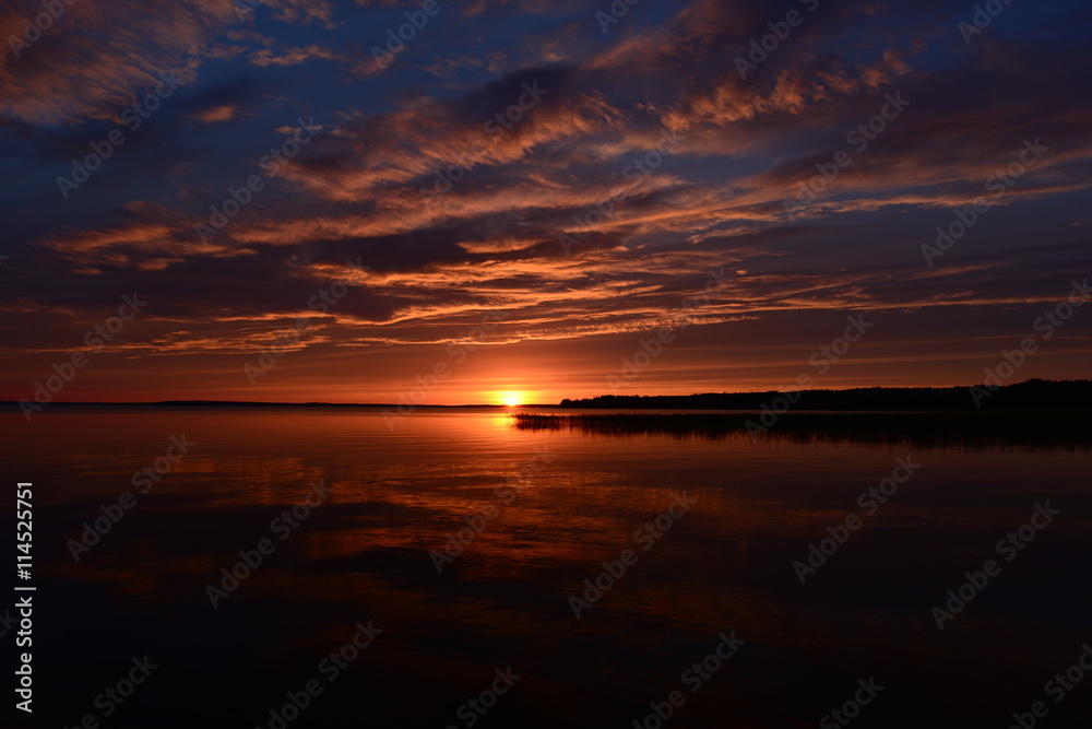 Bright sunset on the lake in the summer in the late evening