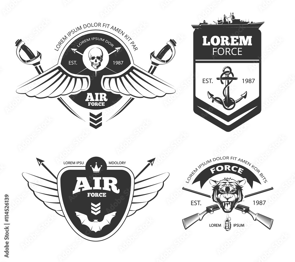Military, armored vehicles, airforce, navy vintage vector labels, logos, emblems set