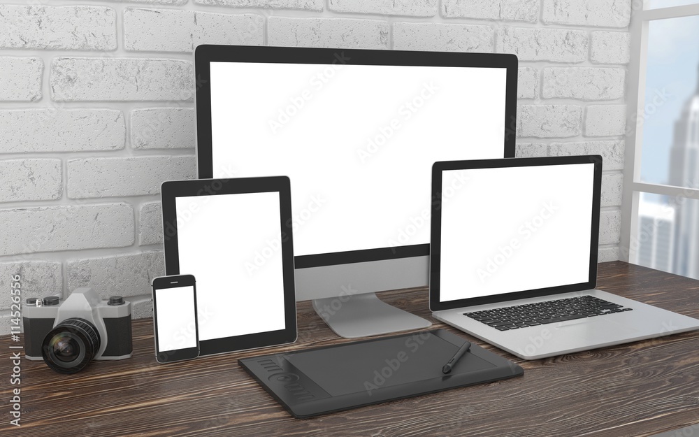 Responsive mockup screen. Monitor, laptop, tablet, phone on table in office. 3d rendering. Responsive mockup screen. Monitor, laptop, tablet, phone on table in office. 3d rendering.