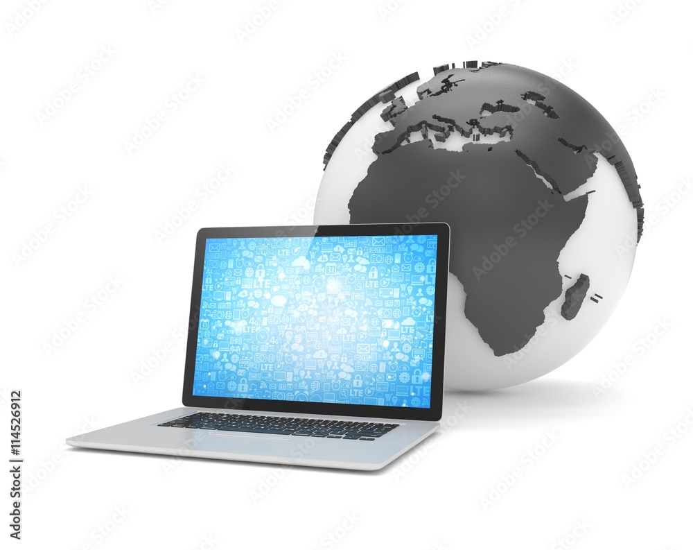 Laptop network and earth globe. 3d render Laptop network and earth globe. 3d render