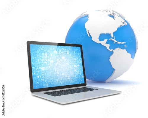 Laptop network and earth globe. 3d render