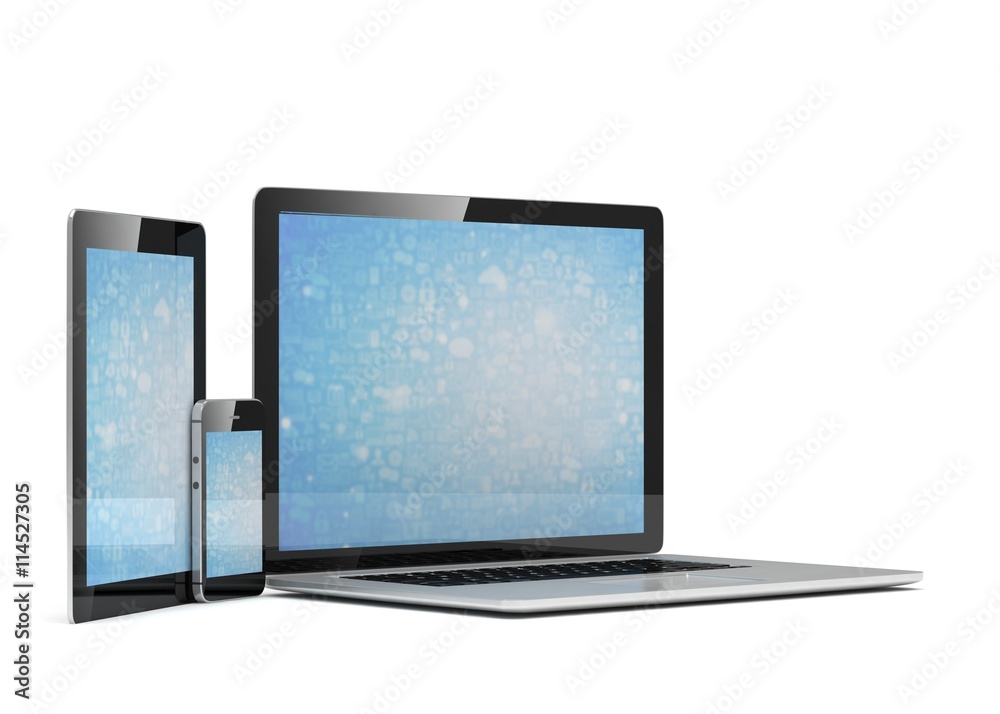 laptop, tablet, phone, on white. 3d rendering. laptop, tablet, phone, on white. 3d rendering.