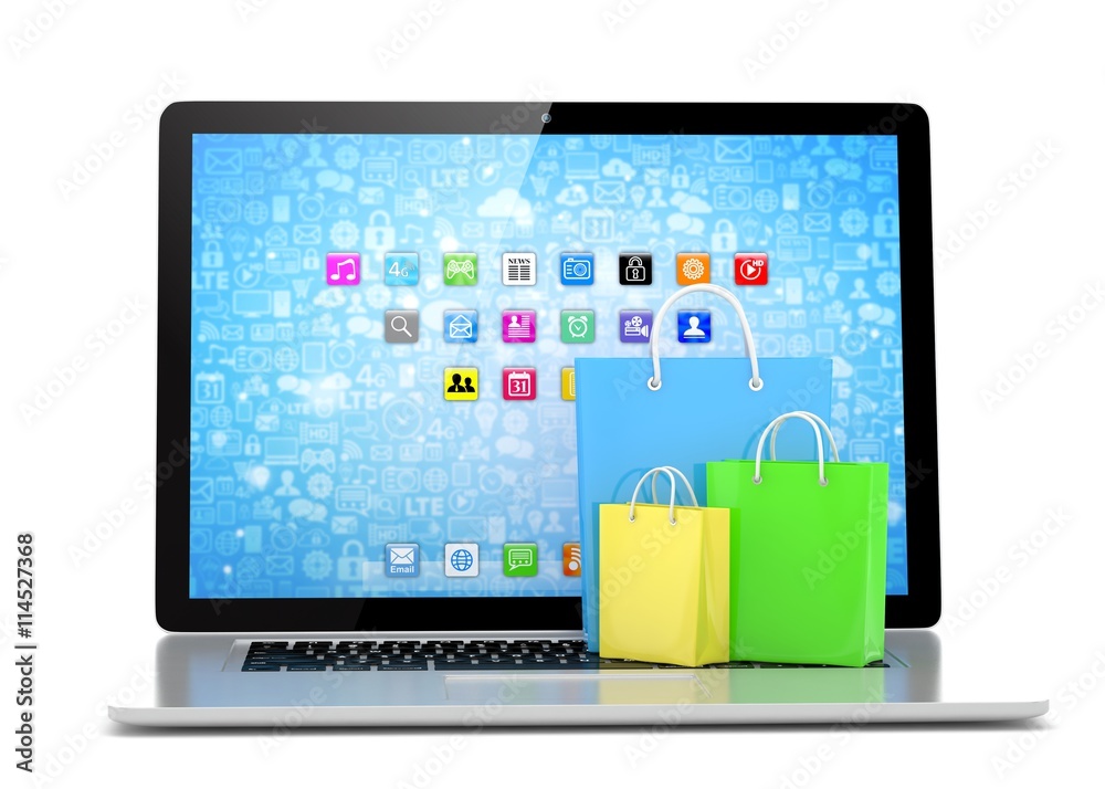 laptop and  shopping pags on white background. 3d rendering.