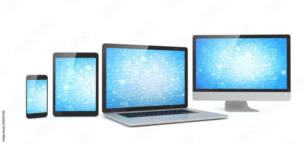 Responsive web design, laptop, smartphone, tablet, computer, display. 3d rendering. Responsive web design, laptop, smartphone, tablet, computer, display. 3d rendering.
