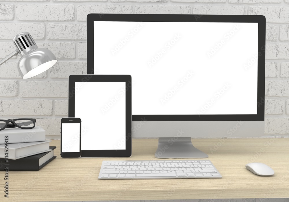Fototapeta premium Responsive mockup screen. Monitor, tablet, phone on table in office. 3d rendering.