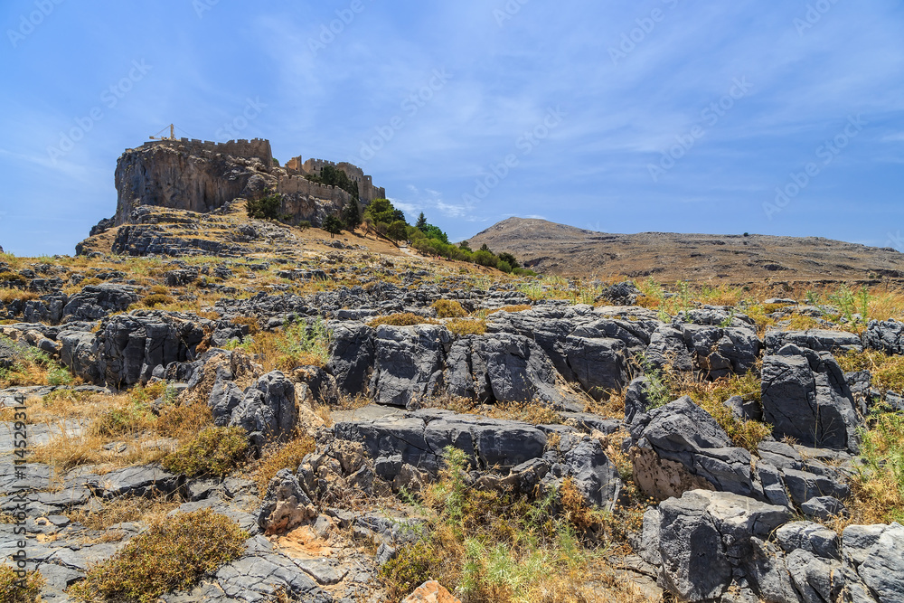 view of the Acropolis of Lindos from the rocks below. Rhodes Greece