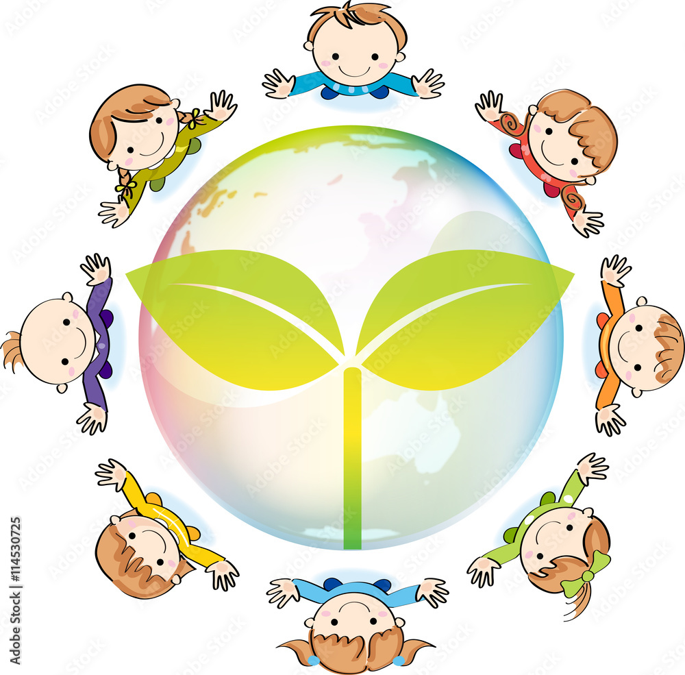 Obraz premium 手を振る子供たちと地球