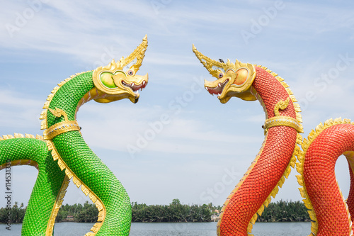 Red snake and green snake under the sky