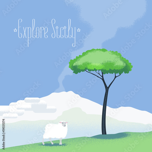 Sicily view vector illustration, design element with Etna volcano