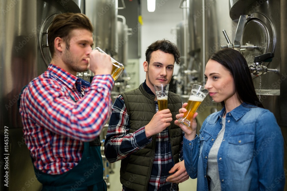 Brewers testing beer at brewery factory Brewers testing beer at brewery factory