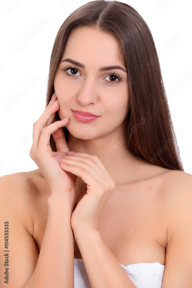 Young beautiful brunette woman face portrait with healthy skin. Isolated background Young beautiful brunette woman face portrait with healthy skin. Isolated background