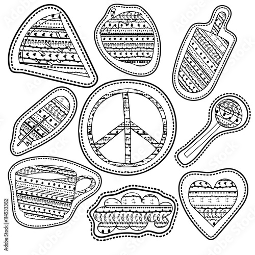 adult coloring page stickers and embroidery patches collection vintage style. Pin trendy label patch sticker coffee, feather, pacific sign, watermelon, strawberry, lollipop, cloud, heart vector