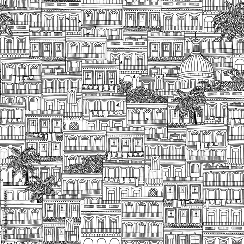 Hand drawn seamless pattern of Cuban style houses and the Capitol building in Havana