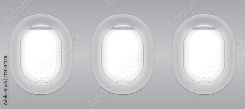 Three gray blank window plane, gray airplane window, gray light template, plain aircraft window white space.