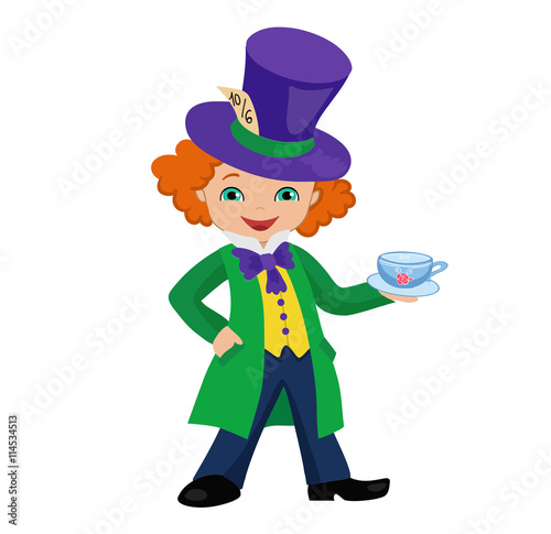 Mad Hatter  holding a cup of tea. Vector illustration.