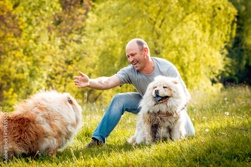 Photography Adult man with the dogs in the park.