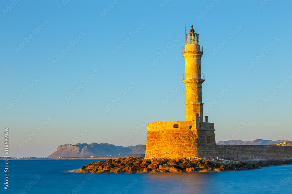 View of the old port and Lighthouse in Chania, Crete, Greece. Long exposure