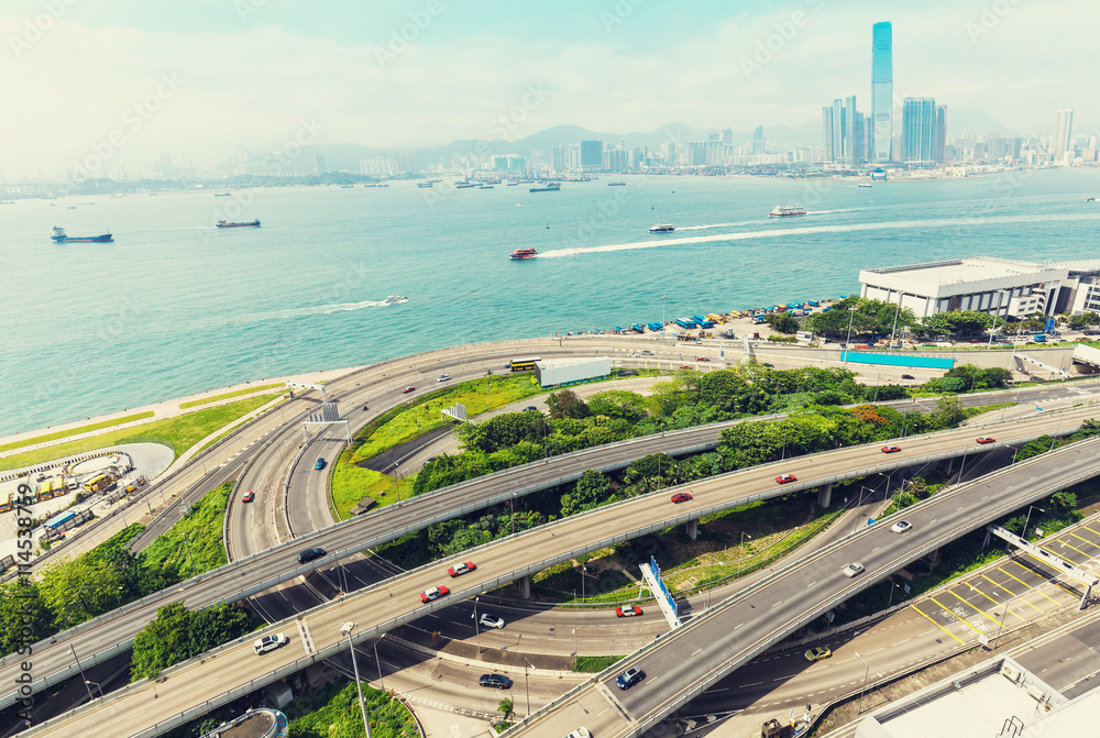Fototapeta premium Large highway junction in Hong-Kong, China, with traffic.