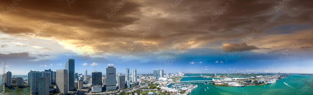 Aerial sunet view of Miami Downtown