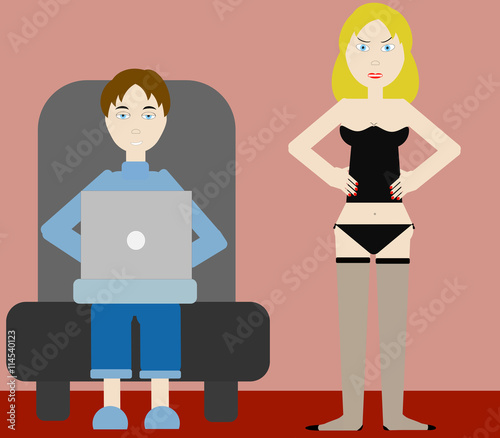 A man looks at his computer instead his beautiful woman