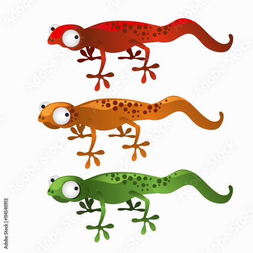 Three cartoon lizards red, green, and orange