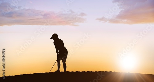Composite image of pretty blonde playing golf