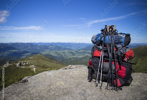 Backpack on a mountain top.