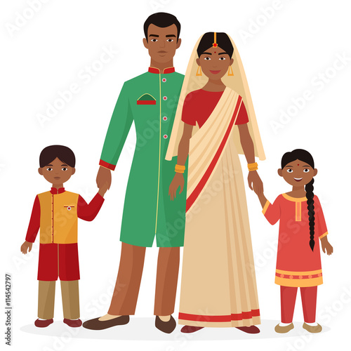 Indian family. Indian man and woman with boy and girl kids in traditional national clothes.