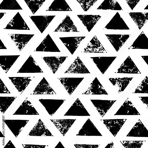 Black and white grunge print triangles geometric seamless pattern, vector