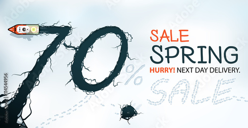 Spring Sale Banner, 70% Off, Hurry! Spring thaw, view from above.