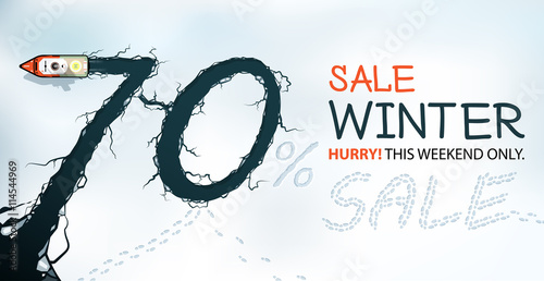 Winter Sale Banner, 70% Off, Hurry! winter sale, view from above.