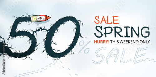 Spring Sale Banner, 50% Off, Hurry! Spring thaw, view from above.