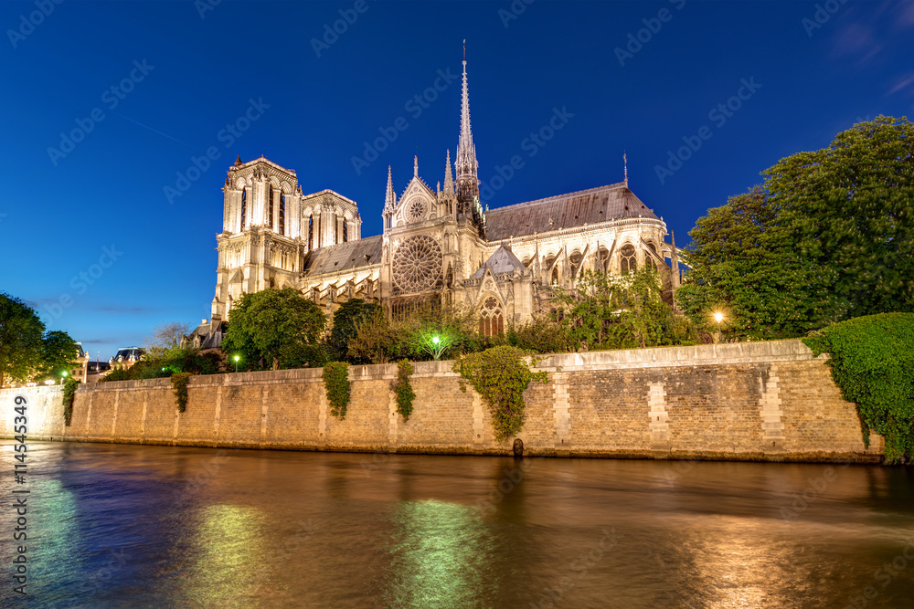The river Seine and Notre Dame cathedral in Paris at night