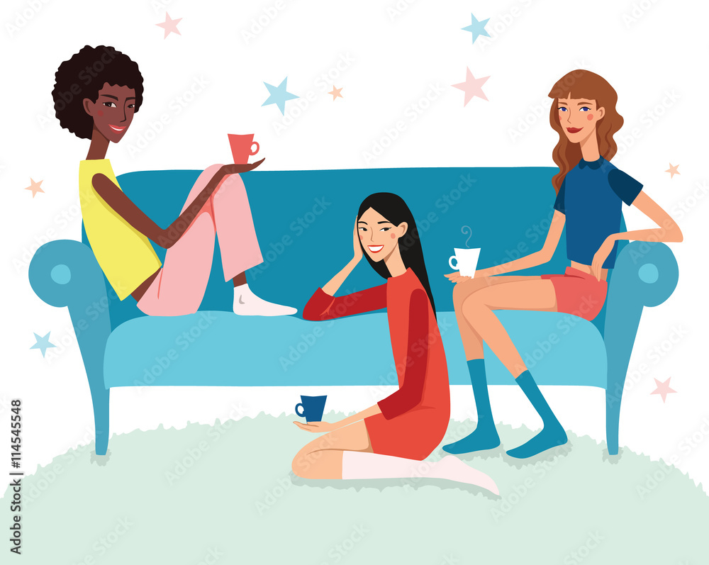 Vector Teenage Girls Tea Party Illustration With Three Pretty Friends Celebrating Eating Cake On Couch. Perfect for a fun sleepover or pajama event.
