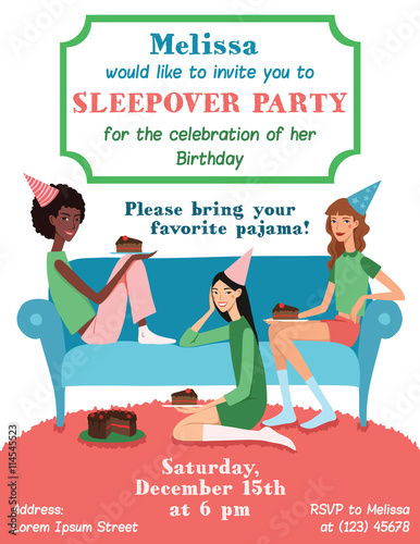 Vector Teenage Girls Birthday Party Ilvitation Card With Three Pretty Friends Celebrating Eating Cake On Couch. Perfect for a fun sleepover or pajama event.