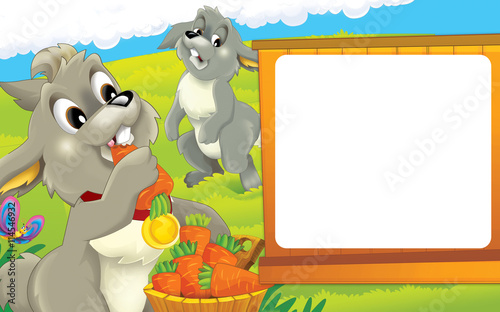 Cartoon farm scene - happy rabbit is eating carrots - space for text - illustration for children