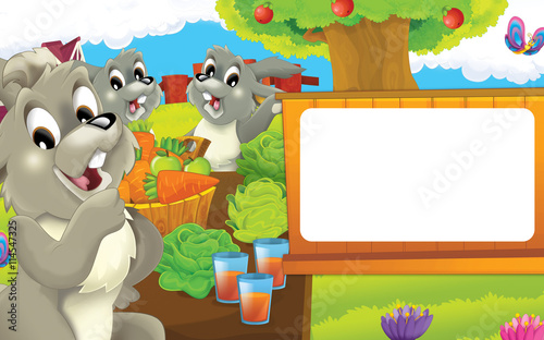 Cartoon farm scene - happy rabbit is looking and eating - space for text - illustration for children