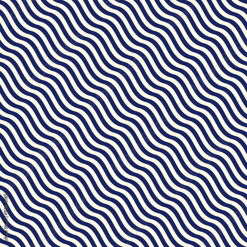 Seamless pattern with symmetric geometric ornament. Nautical blue striped abstract repeated wallpaper.