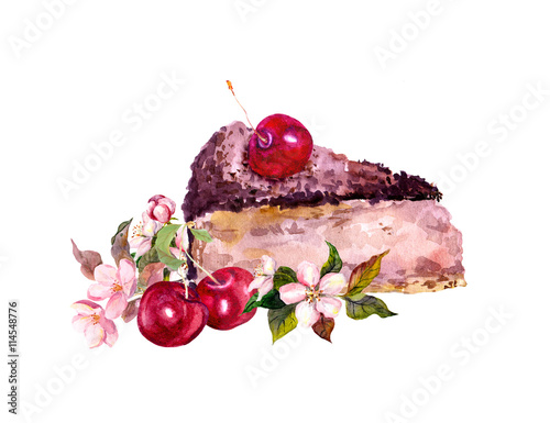 Chocolate cake with cherry berry and flowers. Watercolor photo