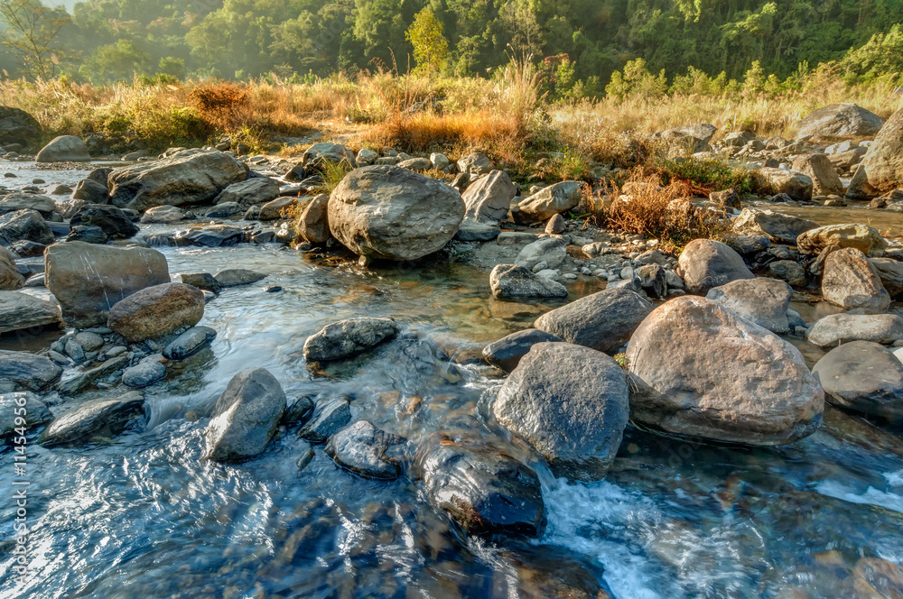 Reshi River water flowing on rocks at dawn, Sikkim, India Reshi River water flowing on rocks at dawn, Sikkim, India
