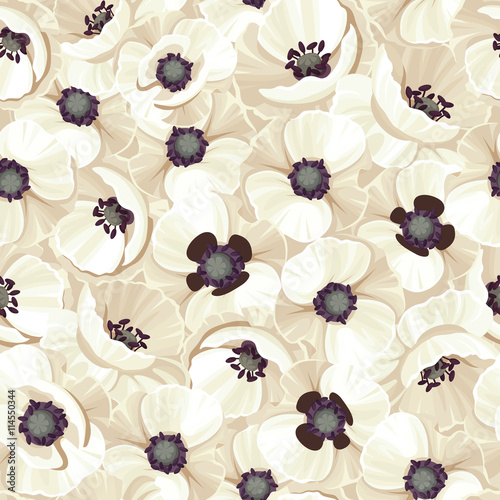 Vector seamless pattern with white poppies.