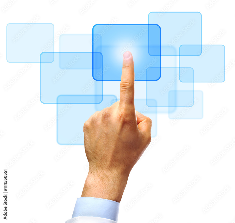 Male hand pushing a button on virtual screen Male hand pushing a button on virtual screen