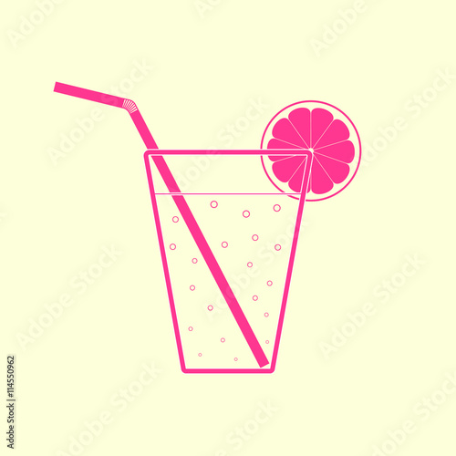 Pink glass of lemonade with straw and lemon slice. Flat icon.