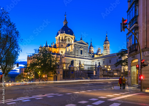 Night view of Cathedral Santa Maria la Real de La Almudena in Madrid, Spain