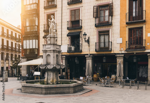 Old square with fountain in Madrid. Spain